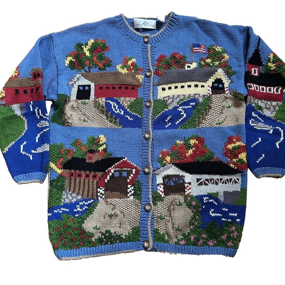 Vintage Design Options Philip Jane Gordon XL Covered Bridge Scenic Cardigan